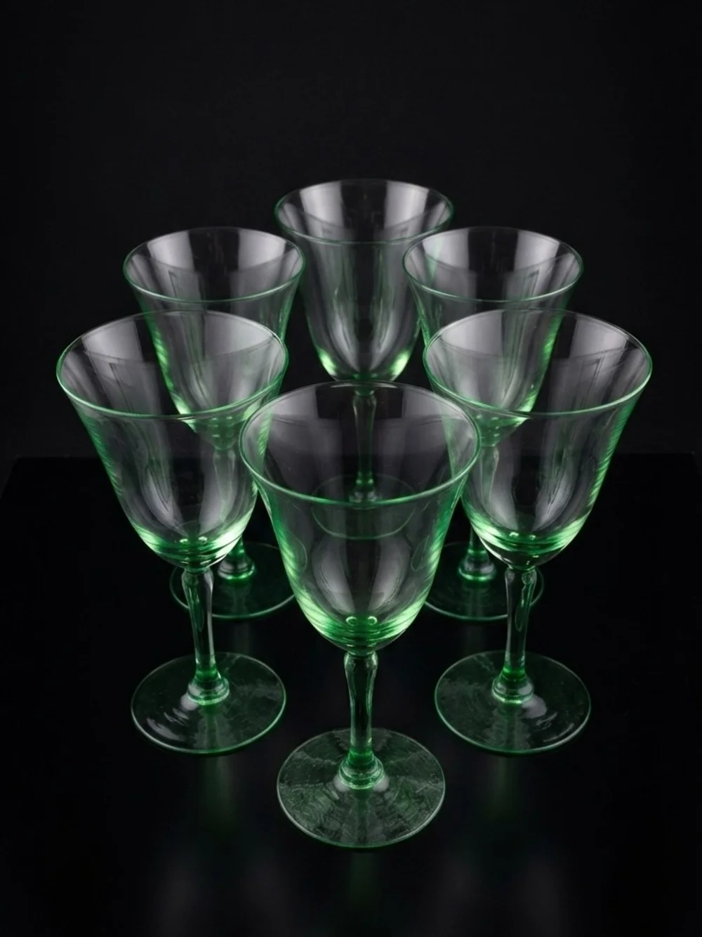 ​Set of 6 Vintage Light Green Stem Goblets Tinted Bowls Water Wine Glasses